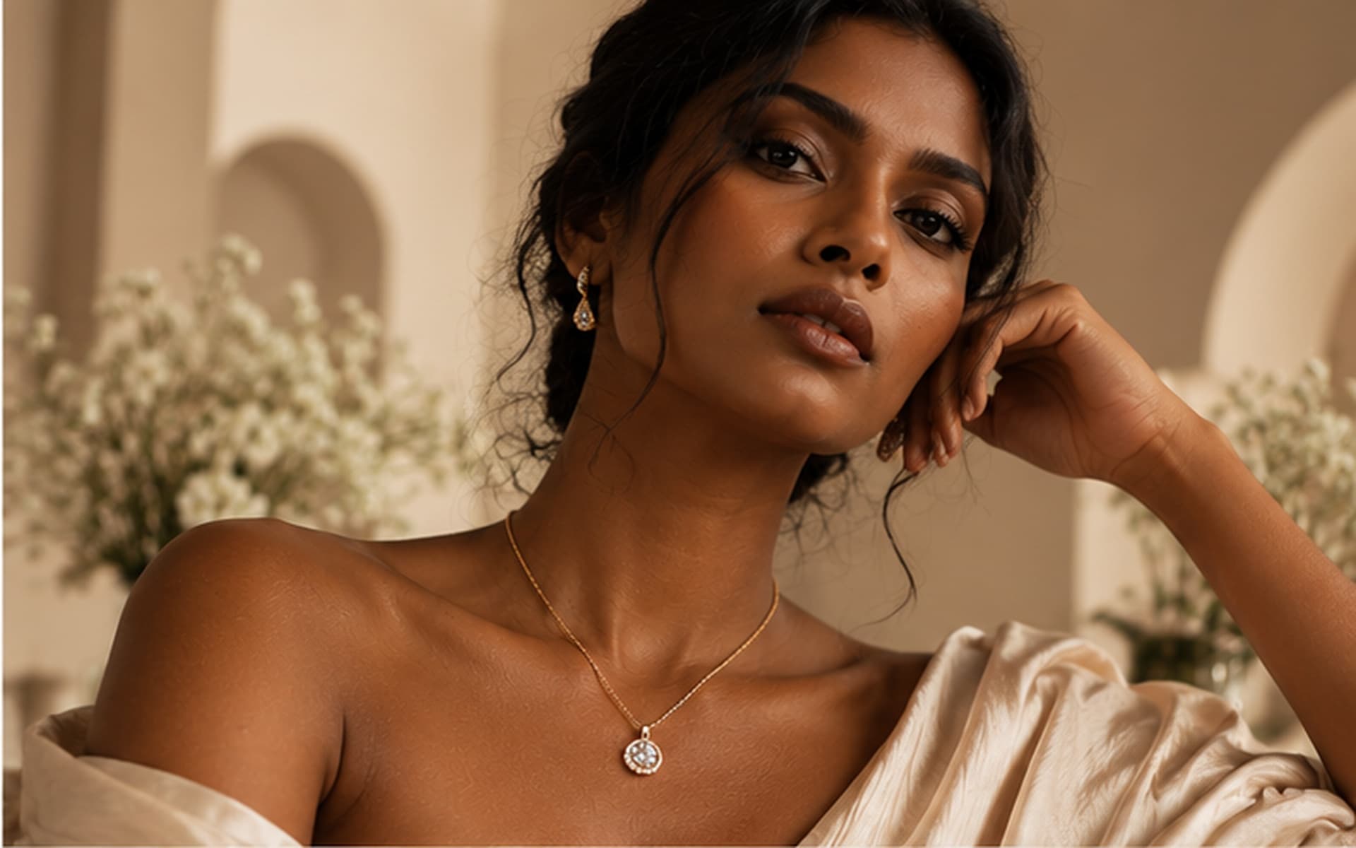 Woman with bold gold hoop earrings and a layered chain necklace, dramatic dark studio lighting