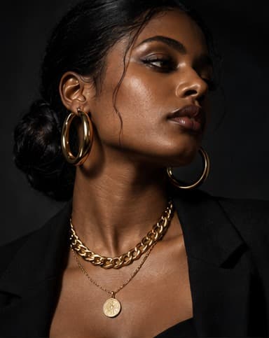 Woman with bold gold hoop earrings and a layered chain necklace, dramatic dark studio lighting