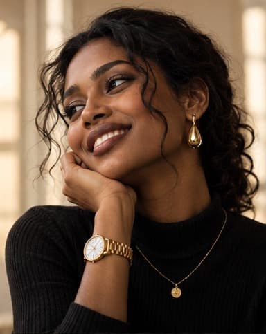 Smiling woman in a black top wearing a teardrop earring, gold watch and pendant necklace, warm daylight