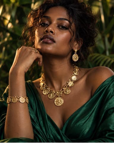 Woman in an emerald green dress wearing a coin necklace, bracelet and earrings, in front of green foliage