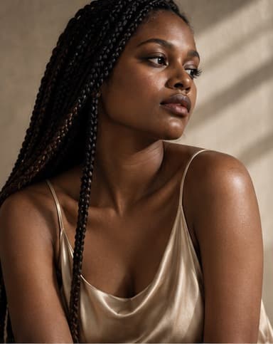 Portrait of a woman with braided hair in a champagne silk slip, soft natural window light