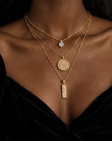 Close-up of three layered gold necklaces on dark skin against a black velvet neckline