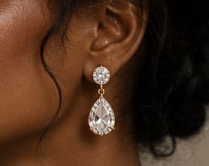 Gold teardrop drop earring, close-up on the ear