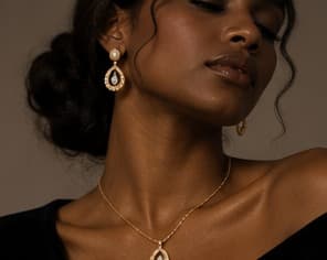 Matching gold drop earrings and pendant necklace set, worn together